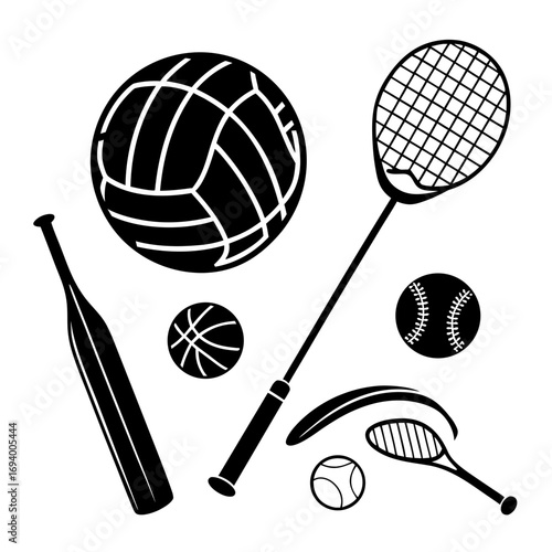 Black sports equipment collection volleyball baseball bat tennis racket white