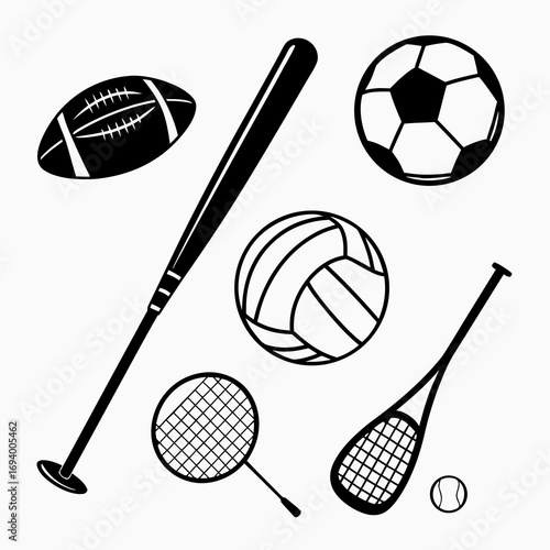 Black sports equipment silhouettes on white background american football baseball bat