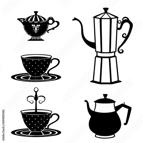 Black teapots coffee makers cups saucers white silhouette