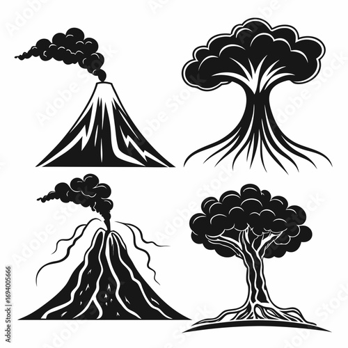Black volcano eruption and tree silhouettes smoke
