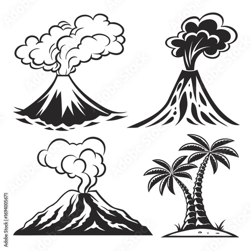 Black volcano eruptions and palm trees on white smoke lava