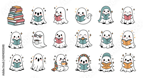 set of funny cartoon ghost, Collection of cute ghosts reading books and drinking on transparent background