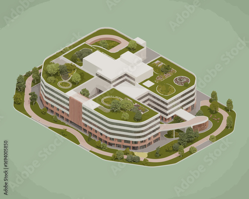Isometric illustration of a modern eco-friendly building with a green roof garden, showcasing sustainable architecture.