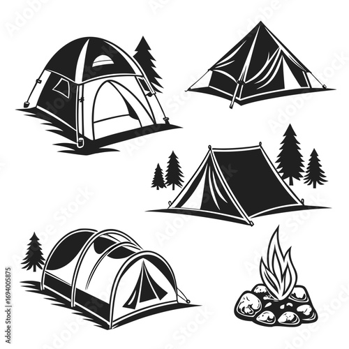 Camping tents and campfire silhouettes outdoor recreation