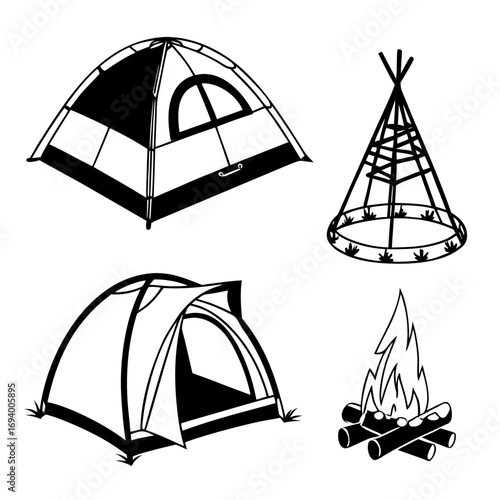 Camping tents and campfire silhouettes outdoor shelter