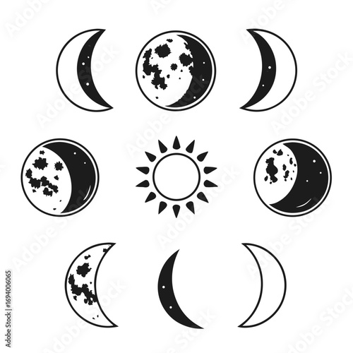 Celestial bodies moon phases sun icons astronomy crescent moon