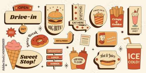 Retro fast food sticker sign set with burger, fries, hot dog, donuts, soda and more street food. Vector illustration in vintage diner mid century 50s style for stickers, branding, posters
