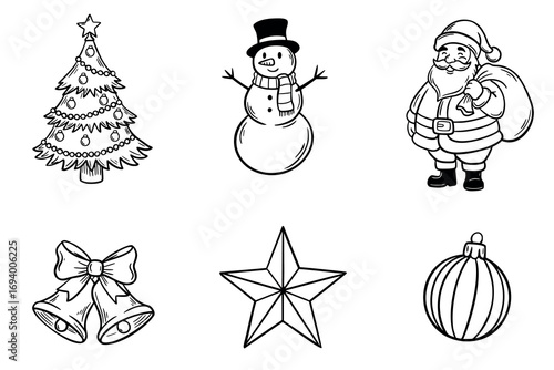A collection of Christmas-themed illustrations including a decorated tree, snowman, Santa Claus, bells, star, and ornament. Simple black and white line art.