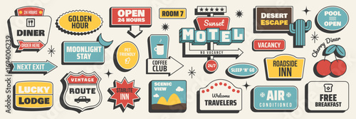 Retro sticker set. Motel signboards, road directions, travel and summer trip elements. Vector illustration in vintage midcentury style for road trip and vacation designs