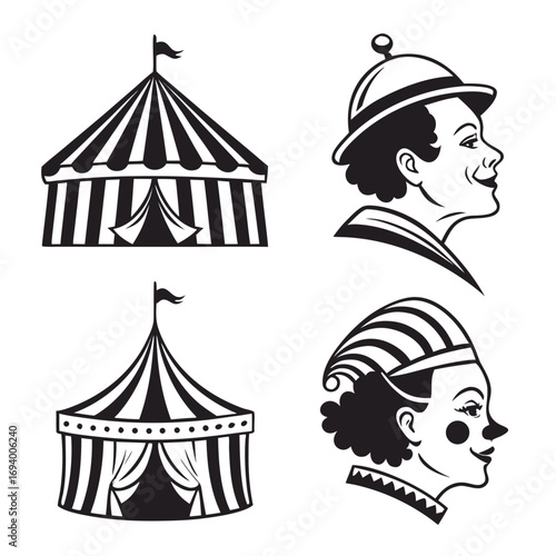 Circus tents and clown faces silhouettes black and white vintage