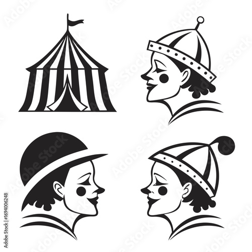 Circus tent and clown faces silhouettes black and white performance