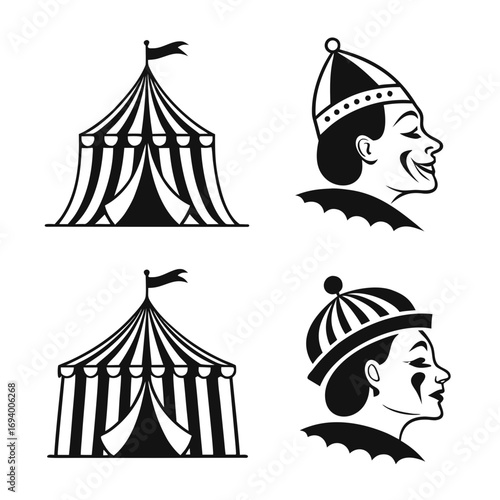 Circus tents and clown faces silhouettes black and white performance