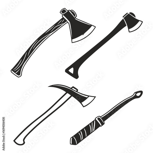 Collection of five black and white axe and woodcutting tool silhouettes hatchet