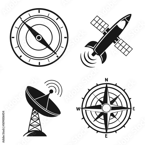 Compass rocket satellite dish icons navigation space