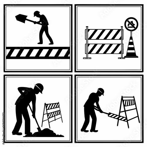 Construction worker digging and barriers shovel safety