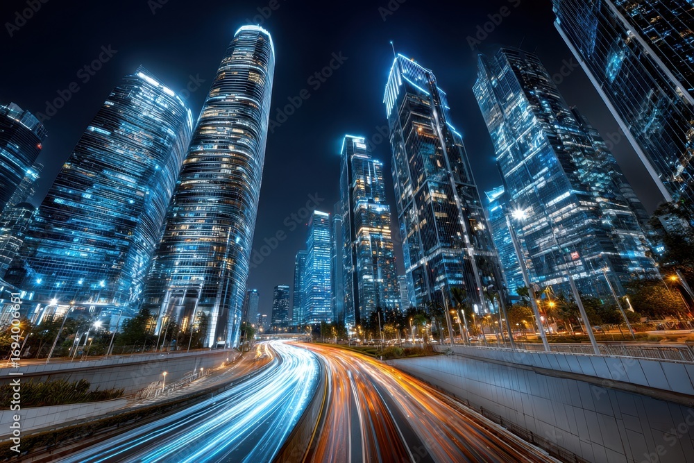 Fototapeta premium Modern city skyscrapers and light trails at night