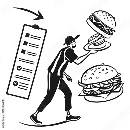 Delivery person with burgers and checklist food fast food