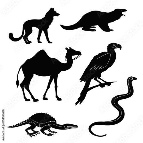 Desert animals silhouettes camel eagle snake dinosaur fox vector