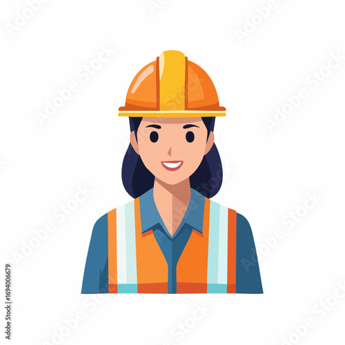 Female Construction Worker in Safety Vest and Hardhat Vector Illustration