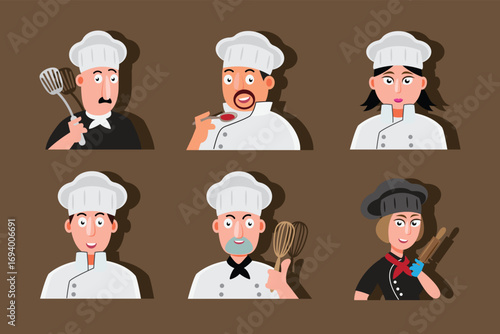 Cartoon chef characters set with kitchen tools