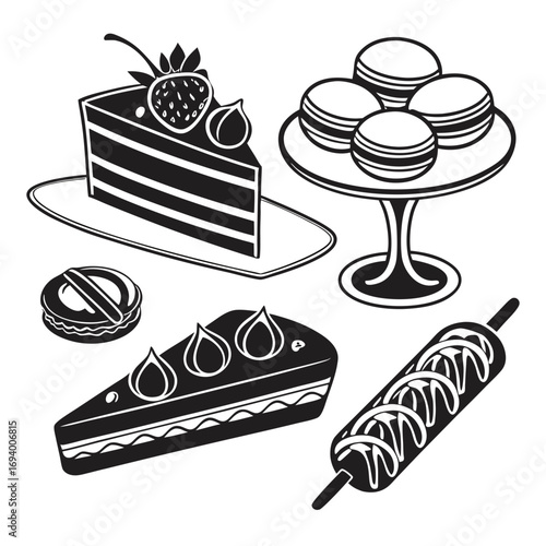Dessert icons cake macarons pastry ice cream roll slice strawberry