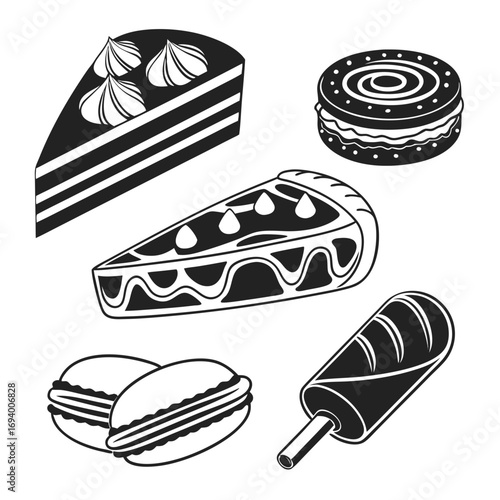 Dessert icons cake macarons popsicle swirl cookie slice pastry