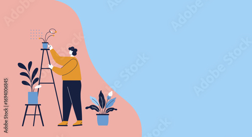 Person on a ladder arranging indoor plants, depicting home decor, a hobby, and the joy of creating a fresh living space. Ideal for lifestyle, wellness, and interior design concepts.