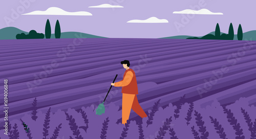 Person working in a picturesque lavender field, embodying agriculture, natural beauty, and a peaceful rural lifestyle. Useful for travel, wellness, and farming themes.