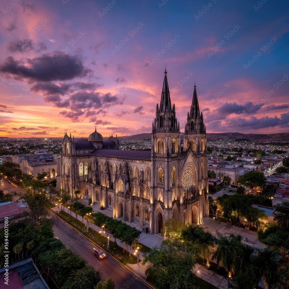 Naklejka premium A grand cathedral at sunset, cityscape view