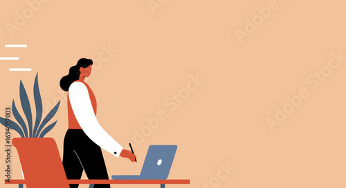 A professional woman works diligently on her laptop at a modern desk, focusing on a creative or business task. Ideal for concepts of productivity, remote work, or online learning.
