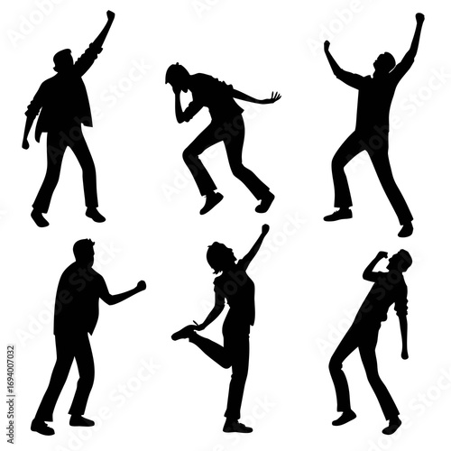 Diverse people celebrating victory triumph joy silhouette figures