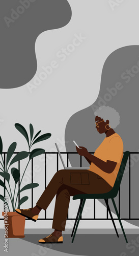 Elderly African American woman using smartphone and laptop on a modern balcony. Represents remote work, senior connectivity, and a relaxed digital lifestyle.