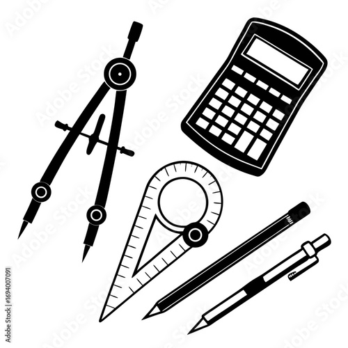 Drawing tools calculator compass protractor pencils vector