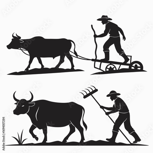 Farmers Plowing Field With Oxen And Rake vector