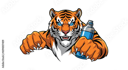 Cartoon tiger holding a blue liquid filled bottle on transparent background