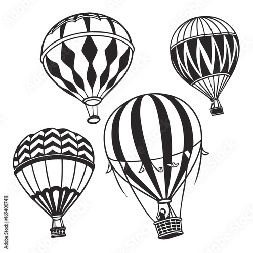 Five hot air balloon illustrations different patterns black and white travel