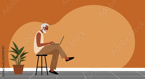 Senior man focused on his laptop, working or learning from home. Modern lifestyle, remote work, and digital connection for older adults. Space for text.