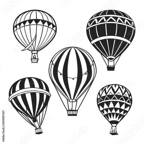 Five hot air balloon silhouettes black and white travel