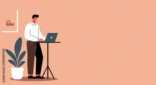 Modern professional man working on a laptop at a standing desk in a minimalist office, symbolizing productivity, remote work, and focused corporate tasks. Ample copy space.