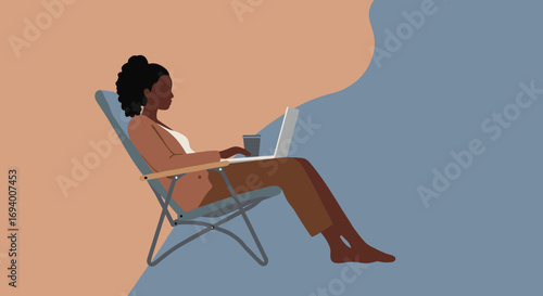 African American woman works on a laptop from a relaxing chair, illustrating remote work, digital nomad lifestyle, and travel or leisure.