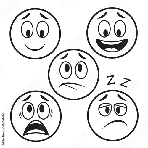 Five cartoon faces expressing emotions happy surprised