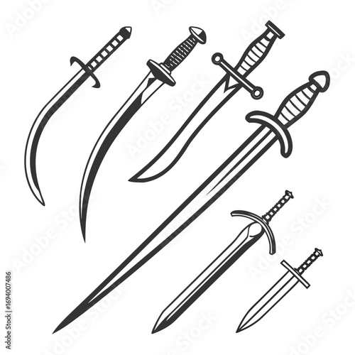 Five sword types black silhouettes dagger saber