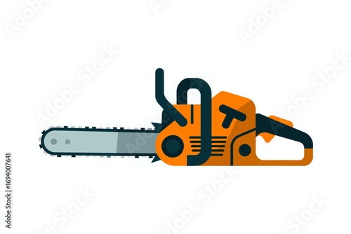 Modern chainsaw design in orange and dark teal illustrating power tools and forestry equipment for logging and woodworking