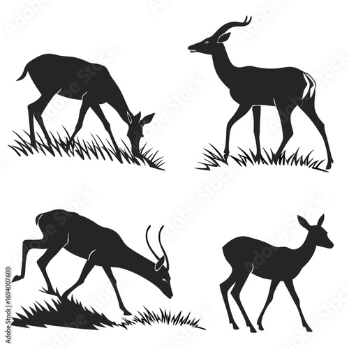 Four black antelope and deer silhouettes grazing and standing vector