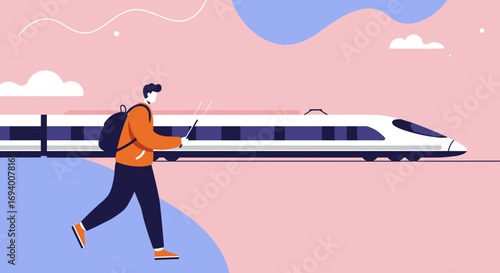 A man with a backpack uses his phone while walking past a modern high-speed train. Represents urban travel, modern transportation, and connected lifestyle.