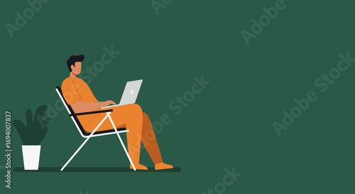 Person working remotely on a laptop while comfortably seated in a chair with a plant nearby, illustrating flexible work and modern lifestyle.