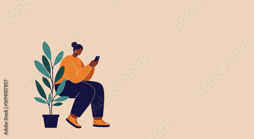 Stylish illustration of a person casually using a smartphone next to a houseplant. Ideal for themes of digital connectivity, modern lifestyle, and online communication.