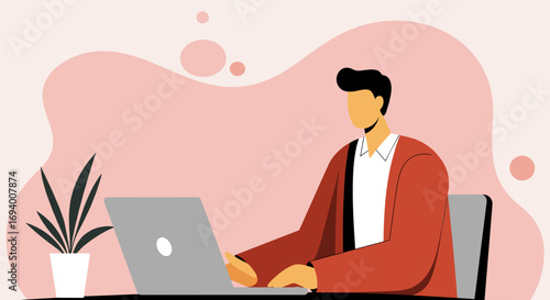 Professional man in modern flat design works diligently on his laptop. Ideal for business, remote work, technology, or online learning concepts.