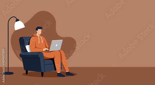Comfortable man uses laptop in armchair at home, perfect for remote work, online learning, or digital lifestyle content.