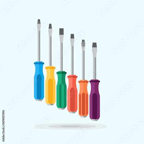 A colorful set of six screwdrivers with different handle colors and tip types, arranged diagonally on a light blue background, representing essential hand tools.